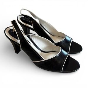 Gianni Bini Womens Black White Leather Slingback Peep Toe Heels Pumps Size 9